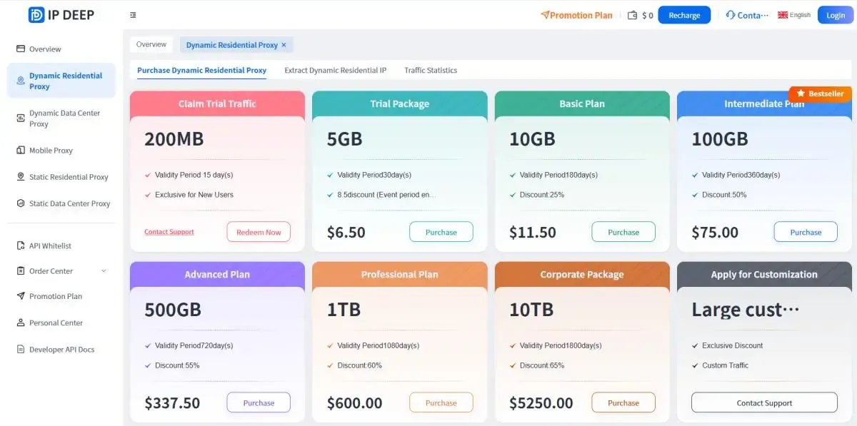 Purchase a dynamic IP package from IPDEEP (pay-as-you-go)