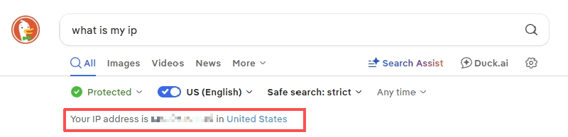 在DuckDuckGo搜索What is my ip，显示美国住宅代理IP位置