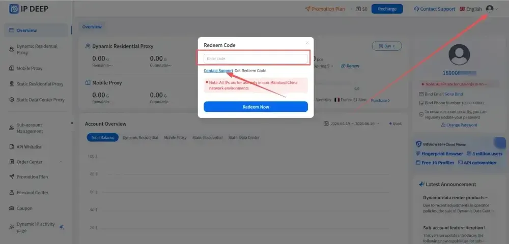 Redeem proxy IP data usage