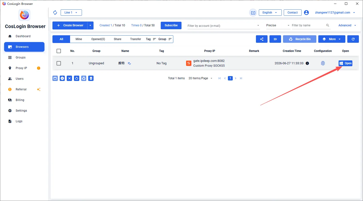 Once the browser window is created, click “Open” to start browsing with your IPDEEP proxy.