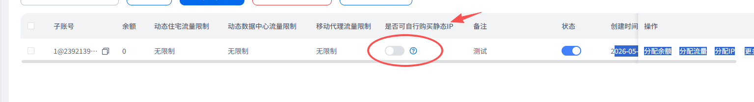 子账号列表增加“是否可自行购买静态IP”、“备注”列，“备注”列可编辑