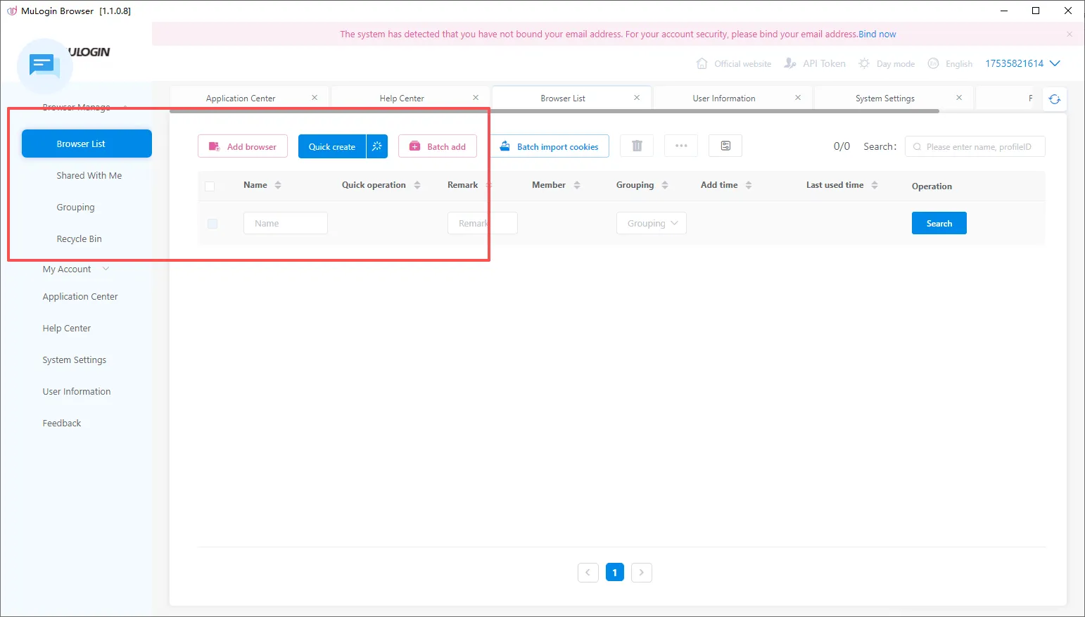 Click the 'Add Browser' or 'Quick Create' button in the 'Browser List' to create a browser
